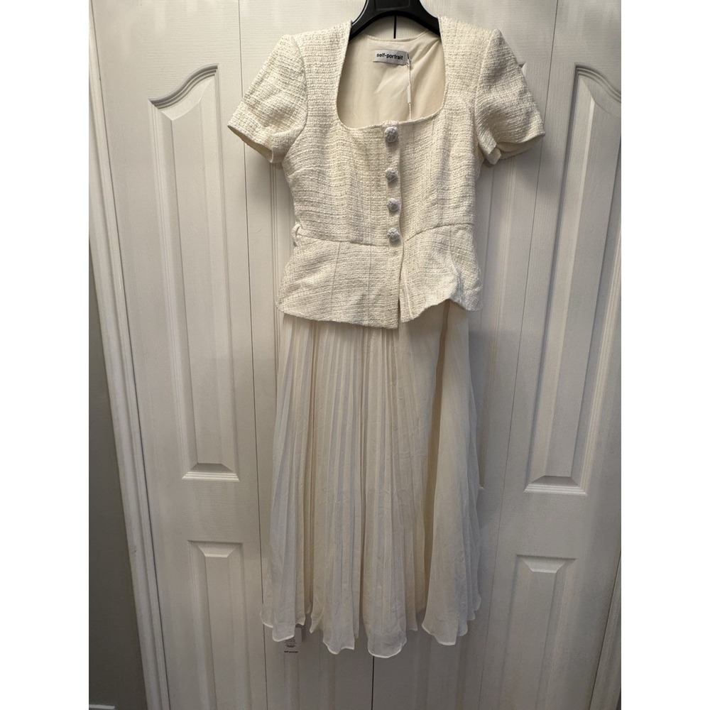 Self Portrait CREAM Beige BOUCLE BOW DETAIL MIDI DRESS $690 NWT Size‎ US 8 Uk 12